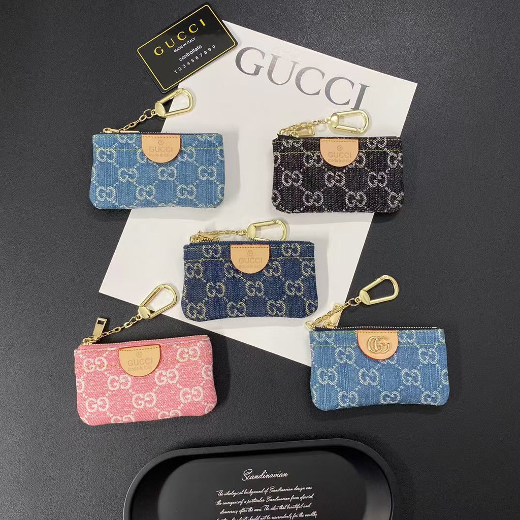 Denim Monogram Keychain Pouch Collection with Gold Clasps