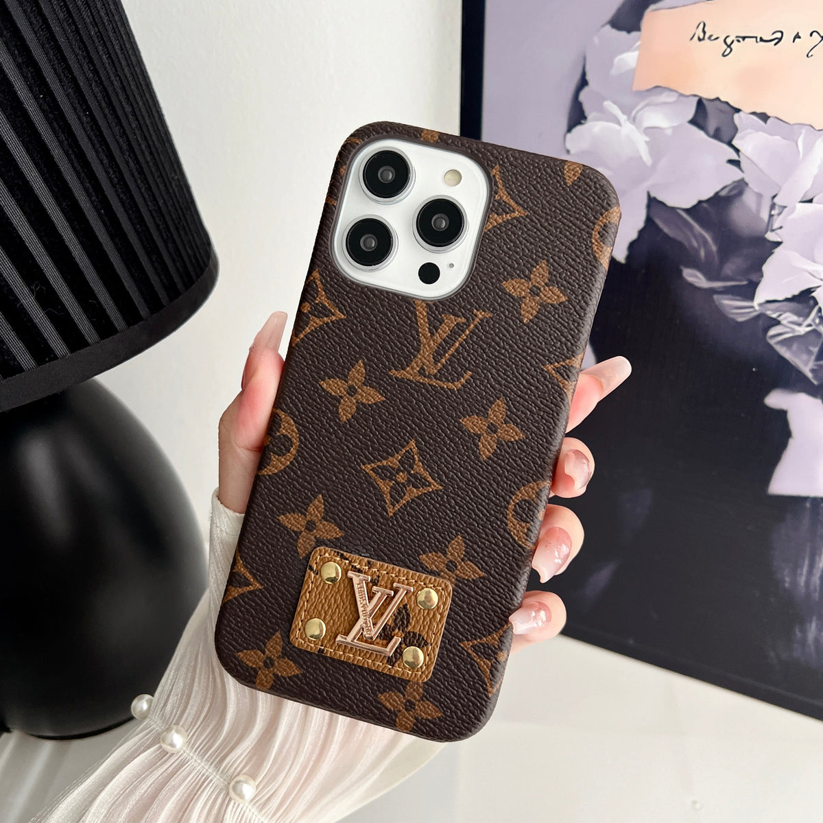 Luxury Monogram Leather Case Hard Back PC for iPhone 12-18 Pro & Pro Max