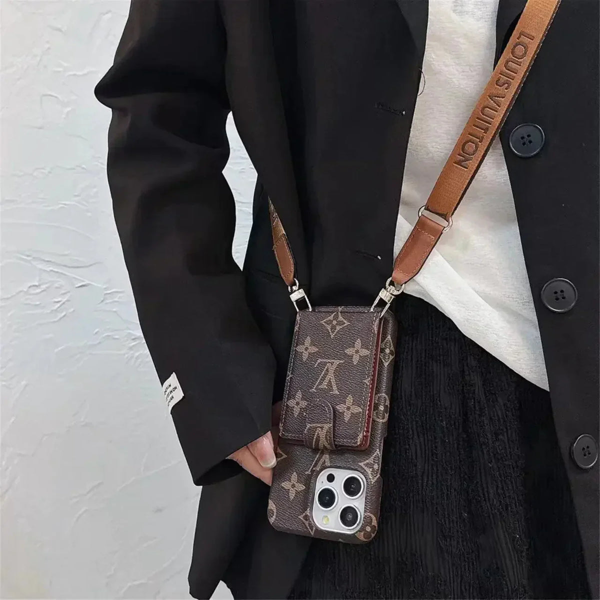 Luxury LV Phone Case Card Holder Detachable Lanyard for iPhone 12-18 Pro & Pro Max