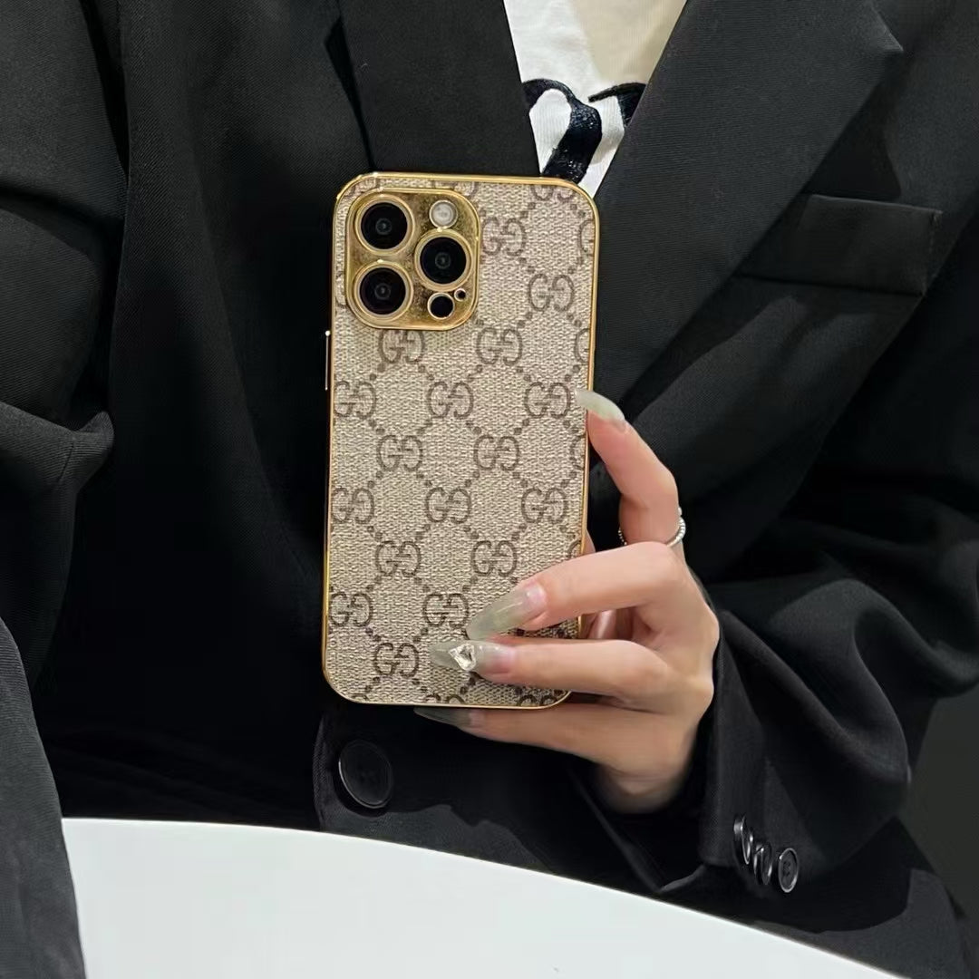 LV Style Soft Monogram Case with Gold Border for iPhone 12-18 Pro & Pro Max