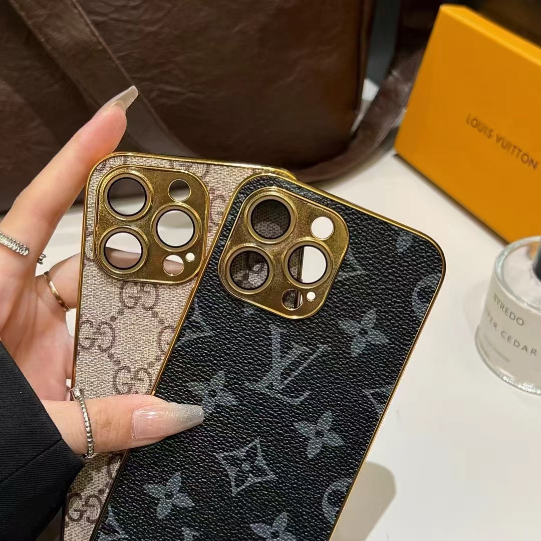 LV Style Soft Monogram Case with Gold Border for iPhone 12-18 Pro & Pro Max