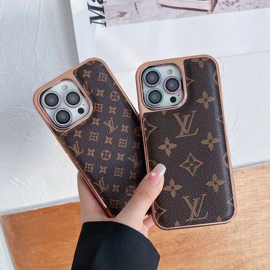 LV Classic Monogram Leather Case with Gold Border for iPhone 13-18 Pro & Pro Max