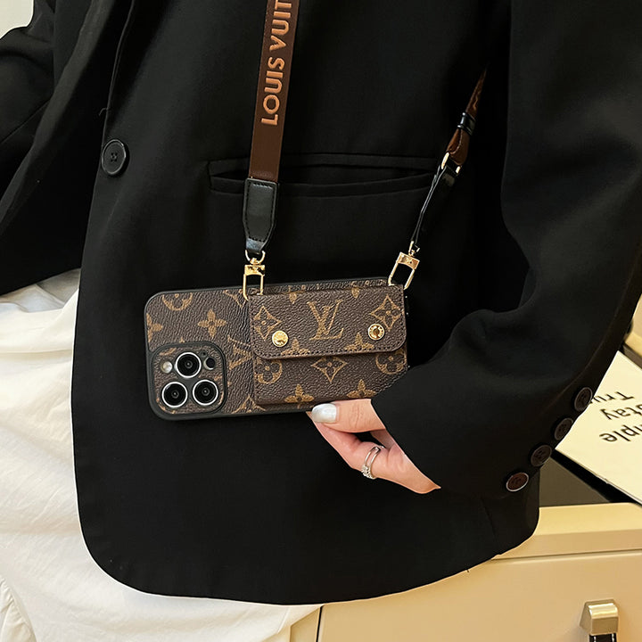 Lou Card Bag Chain Brown Phone Case with Strap for iPhone 12-18 Pro & Pro Max