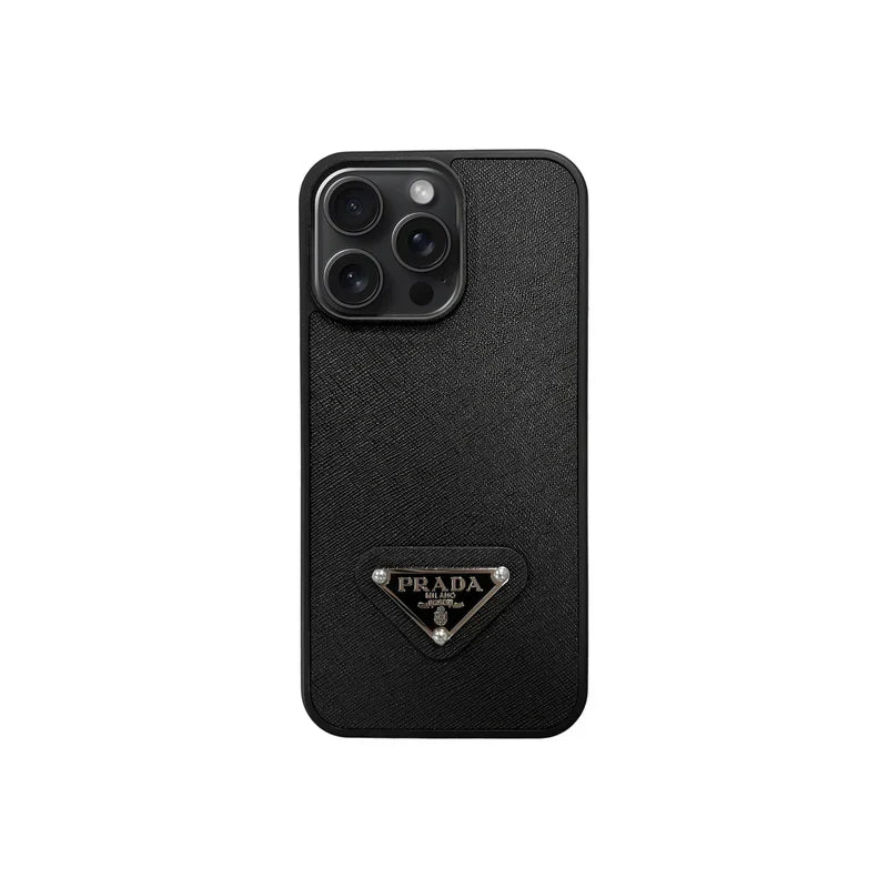 Premium Saffiano Leather Case with Metallic Badge for iPhone 12-18 Pro & Pro Max