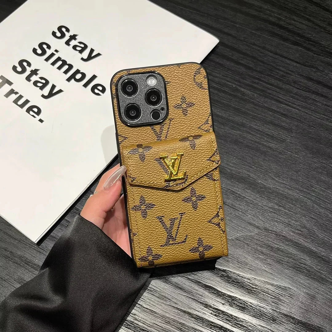 Luxury LV Leather Phone Case with Card Holder for iPhone 12-18 Pro & Pro Max