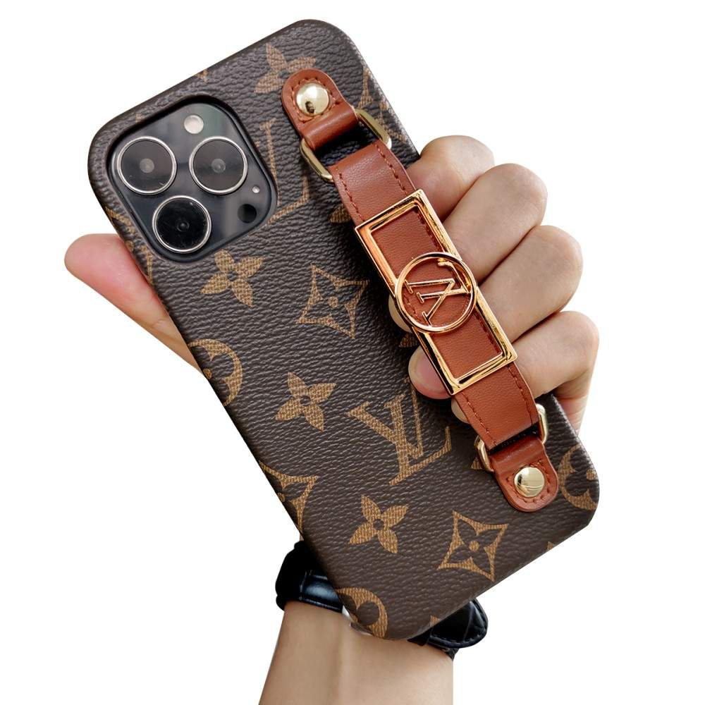 Luxury Monogram Leather Case with Wrist Strap Band for iPhone 12-18 Pro & Pro Max