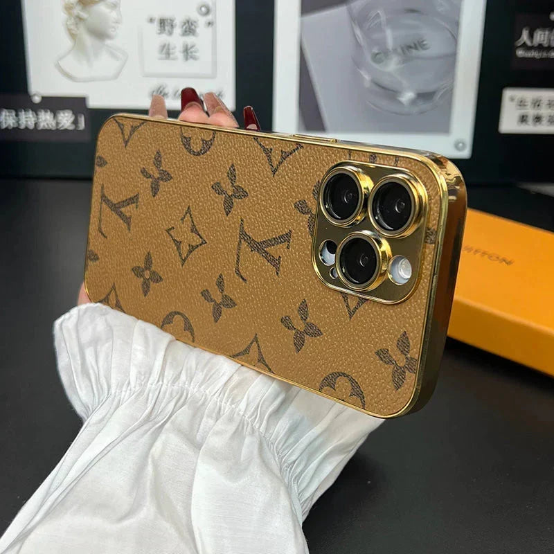 LV Style Soft Monogram Case with Gold Border for iPhone 12-18 Pro & Pro Max