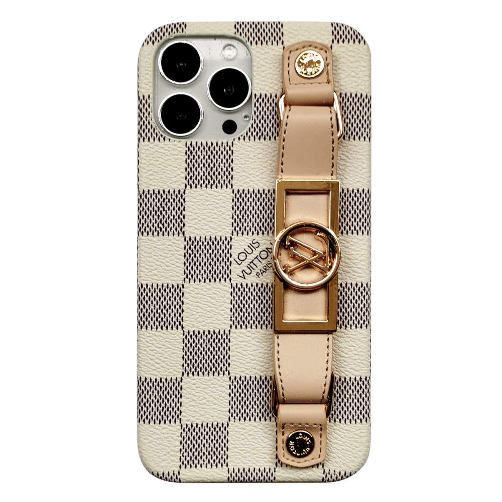 Luxury Monogram Leather Case with Wrist Strap Band for iPhone 12-18 Pro & Pro Max
